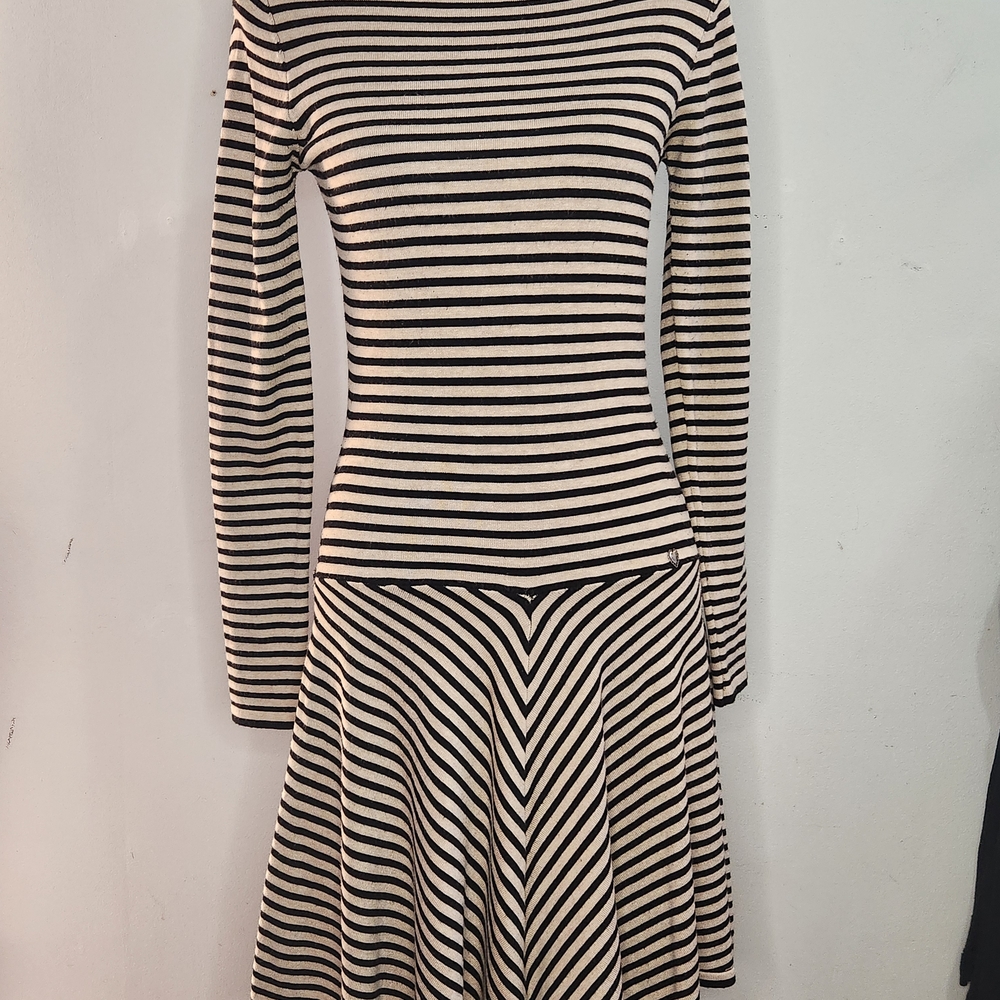FINERY Striped Long-Sleeve Fit & Flare Dress in Black and Cream